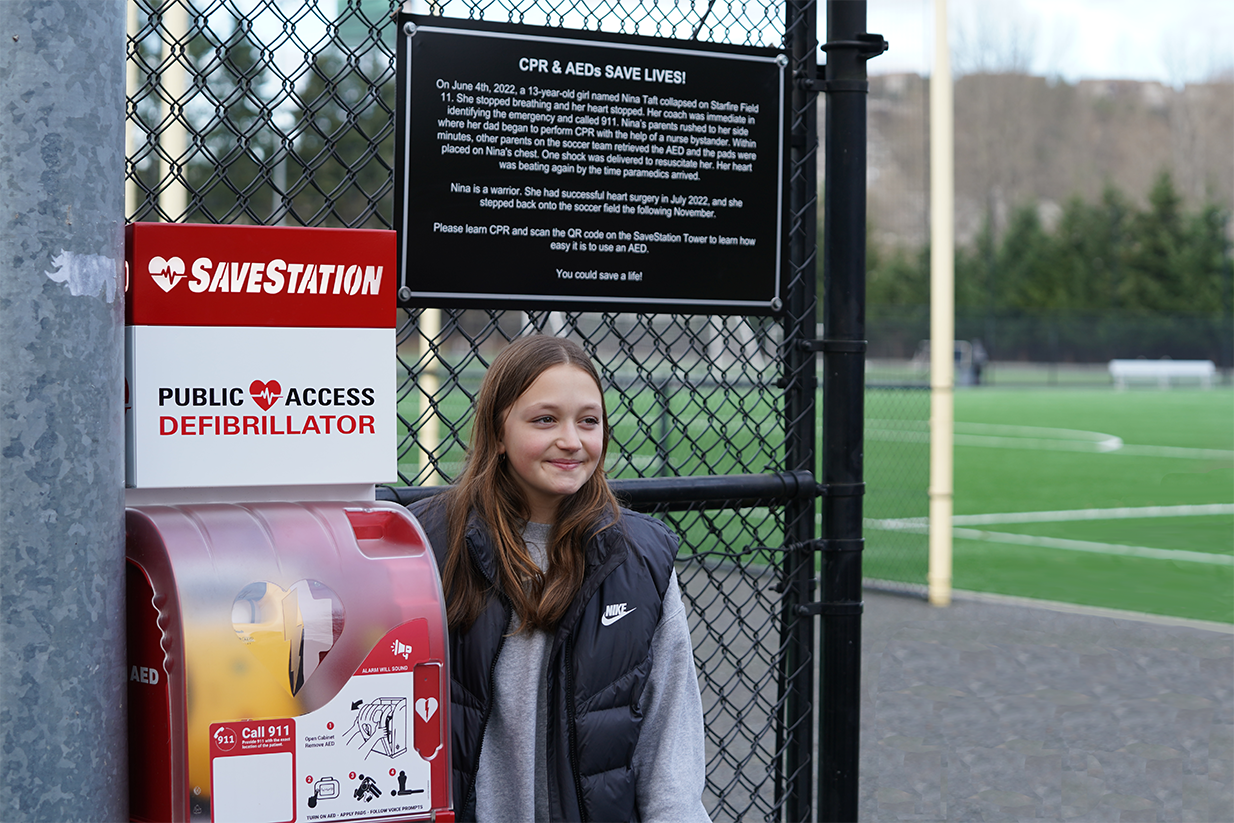 Nina's life was saved by an AED